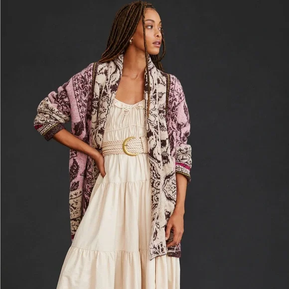 Anthropologie Jacquard Cocoon Cardigan Sweater Pink Cream Floral Bohemian Indie - Picture 10 of 10